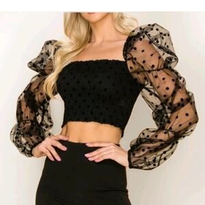 Black Polka Dot Sheer Off Shoulder Ruffle Cropped Whimsy Goth Fairy LS Blouse XS